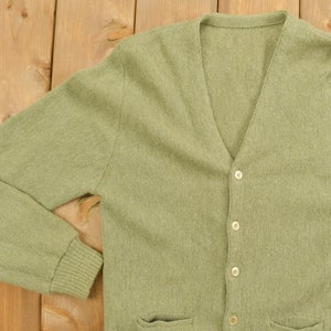 May include: A light green knitted cardigan with a V-neck and button closure. The cardigan has long sleeves and two pockets on the front.
