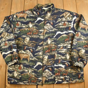 Vintage 1990s Outdoor Moose All Over Zip Up Fleece Sweater / Outdoors / 90s Fleece / Streetwear / Athleisure / Hiking