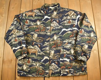 Vintage 1990s Outdoor Moose All Over Zip Up Fleece Sweater / Outdoors / 90s Fleece / Streetwear / Athleisure / Hiking