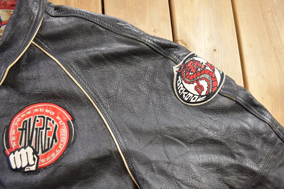 Vintage 1990s Avirex Dragon Eyes Leather Varsity Jacket / Avirex
