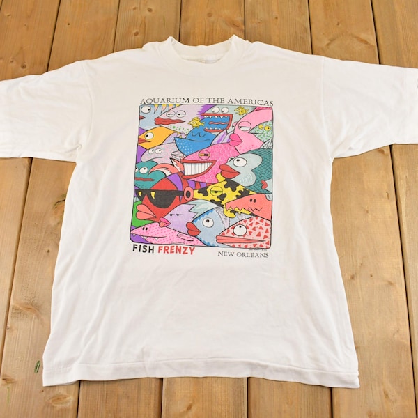 Vintage 1990s Norris Hall Aquarium Of The Americas Fish Frenzy Single Stitch Graphic Print T-Shirt Men's M / 90s Vintage Streetwear