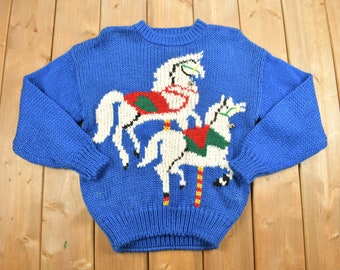 Vintage 1980-tals Marry Go Round Horse Stickad Tröja / Vintage 90-tals / Rundkrage / Mönstertröja / Friluftsliv / Tröja / Handstickad / Carousal