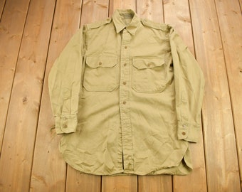 Vintage 1952  Military Khaki-1 Stand-Up Collar Button Up Shirt /  /  Army Green / Militaria / True Vintage