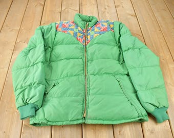 Vintage 1970s Frostline Patchwork Pattern Goose Down Puffer Jacket