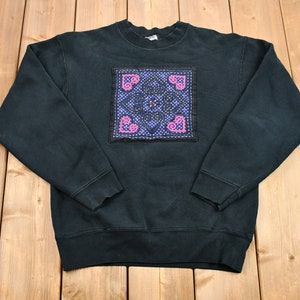 Vintage 1990s Heart Print Calico Patchwork Crewneck Sweatshirt / 90s Crewneck / Granny Sweater / Athleisure / Streetwear