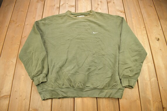 Vintage Y2K Nike Olive Green Embroidered Mini Swoosh Crewneck Sweatshirt / Vintage Nike / Sportswear / Sun Faded Crewneck
