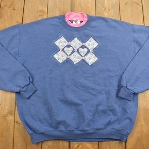 Vintage 1990s Heart Patchwork Cute Crewneck / 90s Crewneck / Winter / Heart / Vintage Sweatshirt / Pullover Sweatshirt / Button