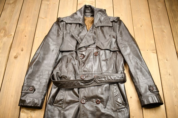 Vintage 1970s Full Length Brown Leather Trench Coat / Fall