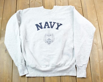 Vintage Military Navy  Naval Academy Store Grey Crewneck Sweatshirt / Army Sweater /  /  Army Green / Militaria / Patchwork /