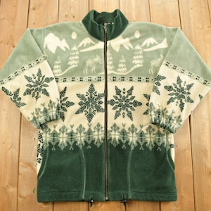 Vintage 1990s Winter Graphic Full Zip Fleece Sweater / Nature / All Over Pattern / Outdoorsman / Full Zip Activewear / Winter Theme