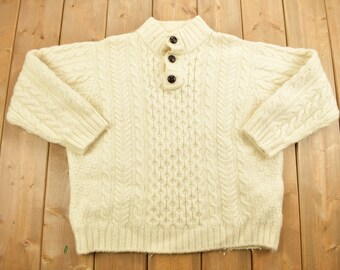 Vintage 1990s L.L. Bean 100% Wool 3D Cable Knit Sweater / Made In Ireland / Vintage 90s Crewneck / Abstract Knit Crewneck / Beige Knit