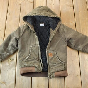 Vintage 1990s Youth Distressed Carhartt Blanket Lined Full Zip Heavy Canvas Hoodie Jacket Made In USA