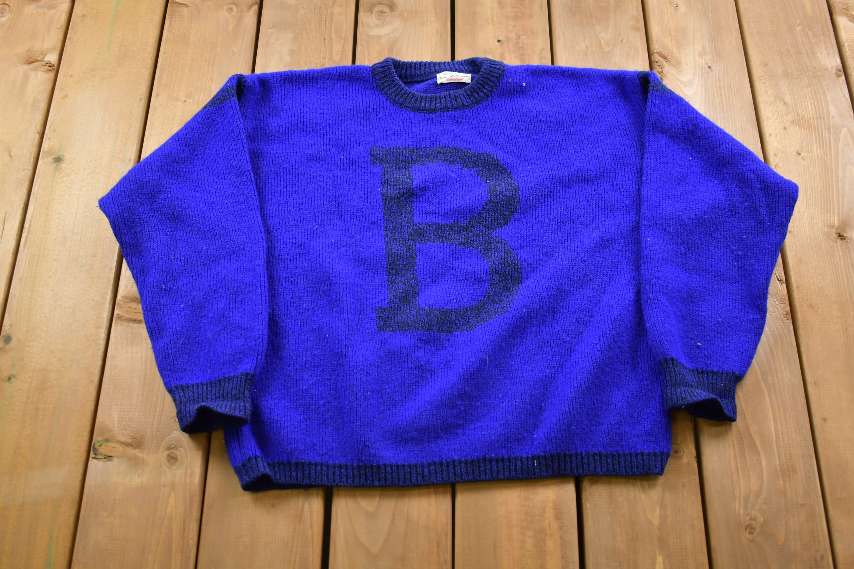 Vintage 1980s Benetton B Shetland Wool Knitted Sweater Vintage 80s Crewneck Pattern Sweater Outdoor Hand Knit Pullover Sweatshirt Etsy Canada