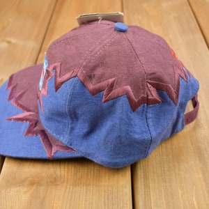 May include: A blue and burgundy baseball cap with a zig-zag pattern around the brim. The cap has a burgundy crown and a blue bill.