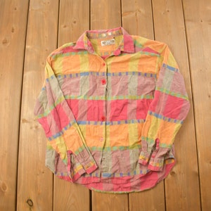 Vintage 1990s Angelique Colorful Plaid Button Up Shirt / 1990s Button Up / Vintage Flannel / Basic Button Up / All Over Print / Plaid Shirt
