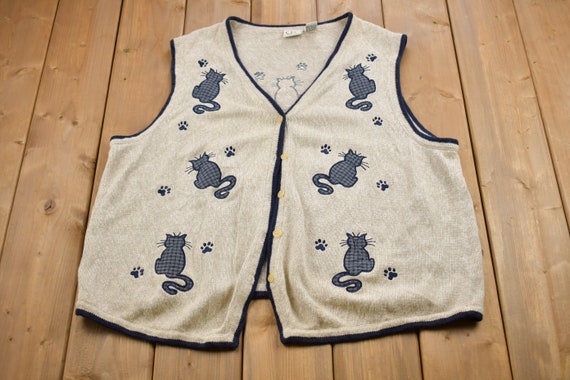 Vintage 1980s Cute Cat Embroidered Knitted Sweate… - image 1