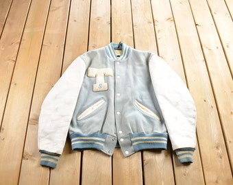 Vintage 1950s Thronridge Highschool Leather & Wool Embroidered Varsity Jacket Made In USA