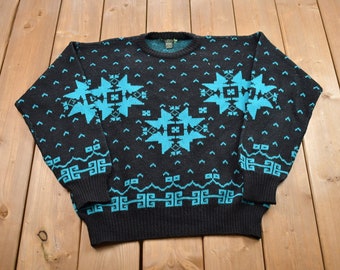 Jersey de cuello redondo de lana de punto vintage de Brad Richards de los años 90 / Jersey de cuello redondo vintage de los 90 / Estampado integral / Hecho en Italia / Sudadera / Abstracto
