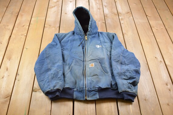 Vintage 1990s Embroidered PWA Blue Hooded Carhartt Bomber Work