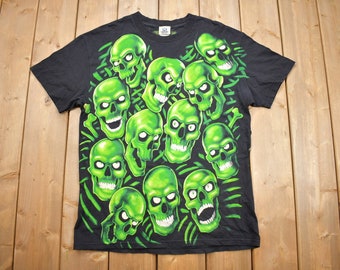 Vintage 2001 Liquid Blue Skull Pile All Over Print T-shirt / Liquid Blue / Juicy J / Glow In The Dark