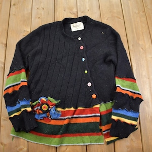 Vintage 1980s Upcycled Treasures 3D Flower Knit Cardigan Sweater
