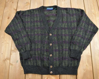Vintage 1990s Claybrooke Plaid Knit Cardigan Sweater / Vintage Cardigan / Button Up /