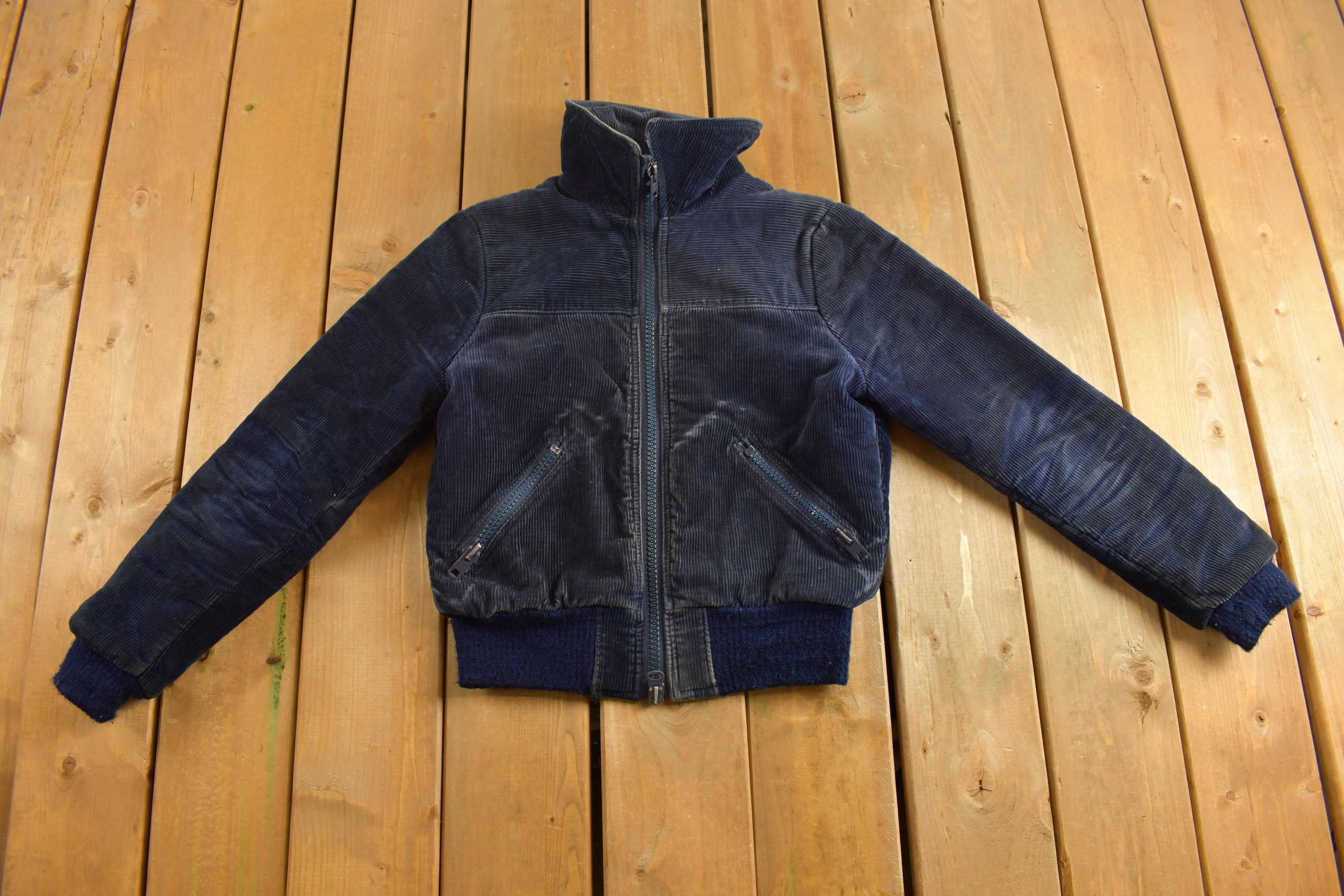 Vintage 1980s CB Sports Corduroy Navy Puffer Jacket Pastel