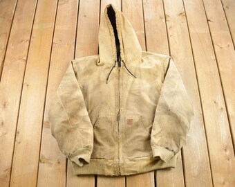 Vintage 1990s Carhartt Hooded Chore Jacket / Workwear / Distressed / Made In USA / Dirty / Distressed Carhartt