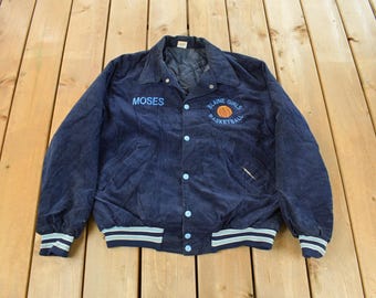 Vintage jaren 1980 Birdie Collegiate Basketball corduroy button-up Varsity Jacket heren medium / Made in USA / jas jaren 80