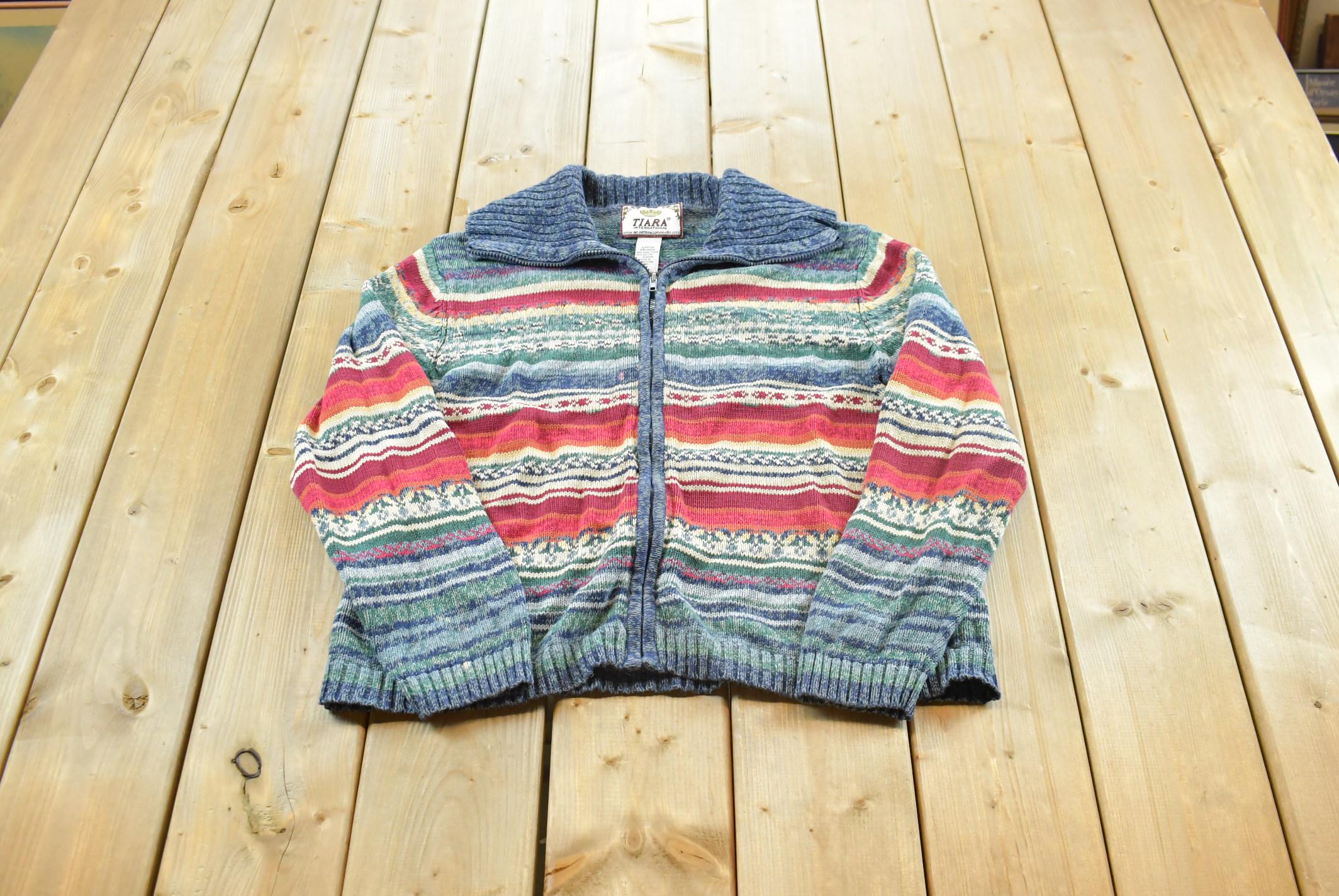 Vintage 2003 Tiara Striped Abstract Cotton Knit Full Zip Up Cardigan Sweater Women's L / 00s Streetwear / Y2K Cozy Sweatshirt