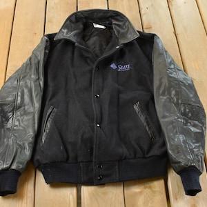 Vintage 1990s Java Sun Microsystems Tech Leather Wool Varsity Jacket Men's Large / Leather Coat / Embroidered / Made in Canada