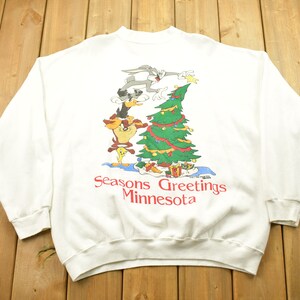 Vintage 1995 Looney Tunes Christmas Theme Crewneck, Wesołe życzenia, Minnesota Souvenir, Wyprodukowano w USA, Boże Narodzenie / Święta