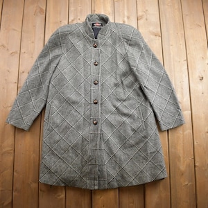 Vintage 1980s Tweed Houndstooth Wool Long Coat / Made In USA / Alorna / Formal / Plaid