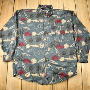 Vintage 1990s Chaps Ralph Lauren All Over Print Button Up Shirt / 1990s Button Up / Leaf Graphic / Outdoorsman Shirt