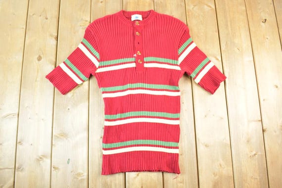 Duffer of St George, Vintage 1970s The Duffer Of St George Knit Abstract Pattern Quarter Button Crewneck Sweater Women's XS / 70s Knit Crewneck