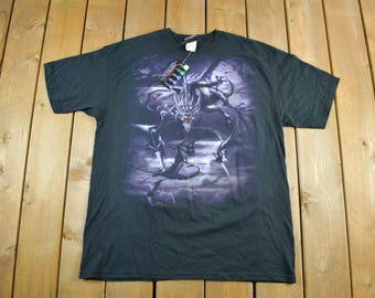Vintage 2001 Deadstock Liquid Blue Dragon All Over Print T-Shirt Men's XL / Goth Skull Graphic / Y2K Tee