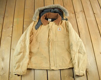 Vintage 1990s Carhartt Hooded Jacket Mens Medium / Distressed Sun Faded / 90s Coat / Beige Workwear Coat