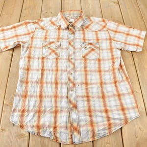 Vintage 1990s Wrangler Western Shirts Pearl Snap Short Sleeve Plaid Button Up Shirt Size XLT