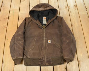 Vintage jaren 90 Carhartt-jas met capuchon dames klein/distressed zon vervaagd/bruine werkkledingjas