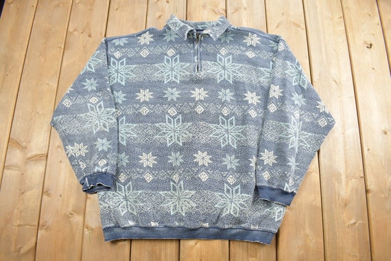 Tommy Bahama, Vintage 1990s Tommy Bahama Snowflake 1/4 Zip Fleece Sweatshirt / Abstract Print / Wilderness & Outdoors / Pullover Sweatshirt / 90s Fleece