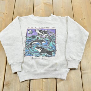 May include: A light grey long-sleeve sweatshirt featuring a graphic print of three orcas swimming in blue and purple waves. The text SEA WORLD is printed above the whales, and the text Orcinus orca is printed below the graphic in black ink.