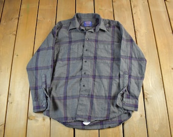 Vintage 1990s Pendleton Wool Flannel Shirt Men's Large / Outdoors Button Up / Plaid Pattern
