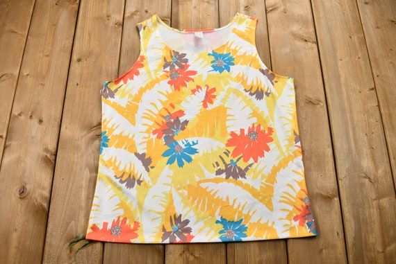 Vintage 1970s Rainbow Abstract Floral Print Tank … - image 1