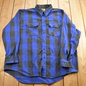 Camisa de franela a cuadros azul y negra vintage de los años 90 / Camisa abotonada de los años 90 / Franela vintage / Camisa a cuadros / Camisa con botones / Polar King