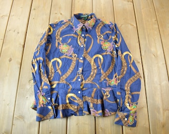 Vintage jaren 1990 Lauren Ralph Lauren paardensportthema all-over print damesblouse / vintage Ralph Lauren / maat 12