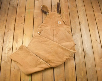 Vintage 1990s Carhartt Beige Double Knee Canvas Quilted Overalls Size 44 x 30 / Utility Overalls / Made In USA / Vintage Workwear