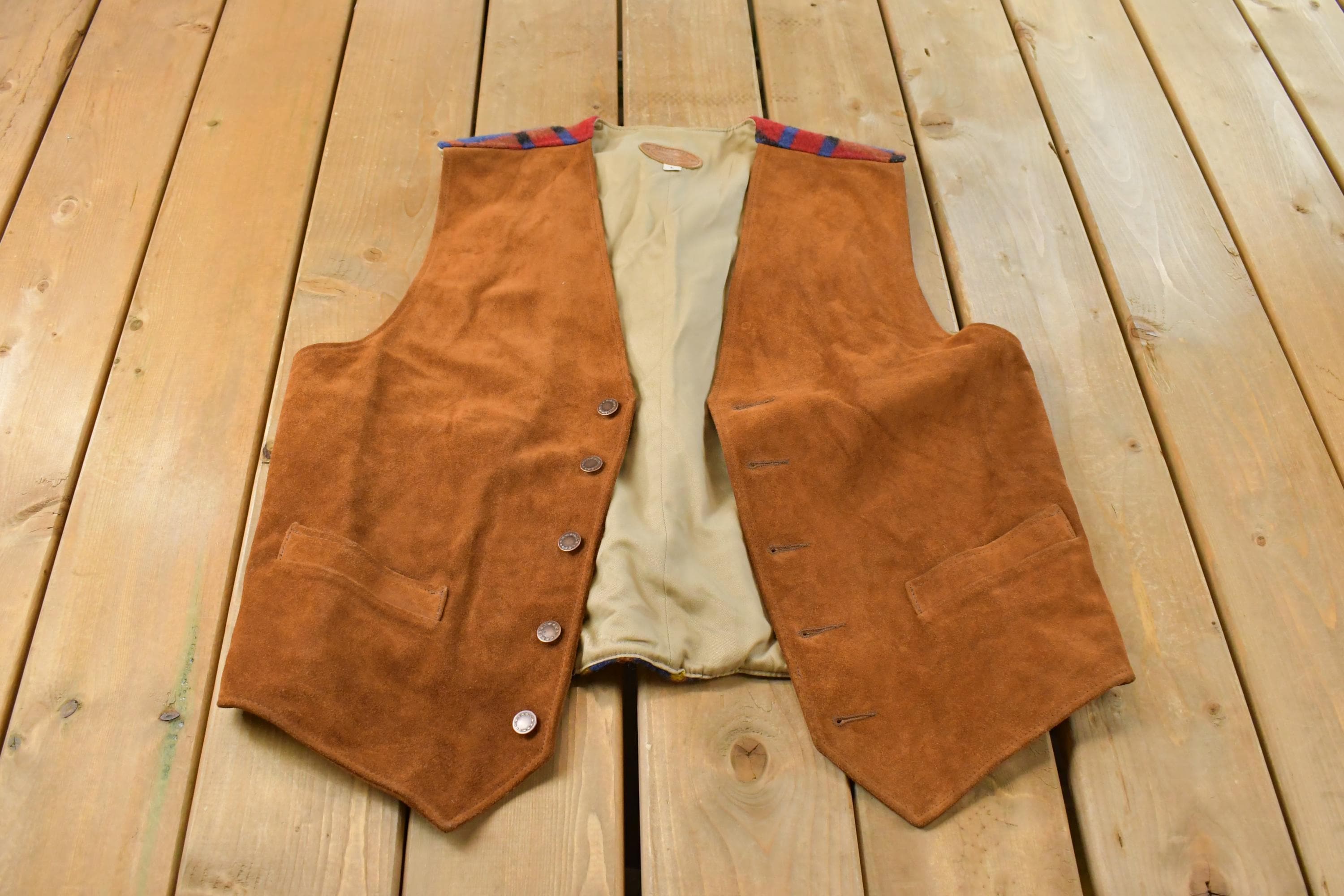 Vintage 1970s Golden Bear Brand Suede Leather Wool Vest Jacket Men's Large / Made in USA / Western Cowboy Rancher / Buckle Back