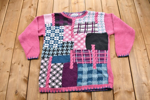 Vintage 1990s Patchwork Knit Sweater / Houndstoot… - image 1