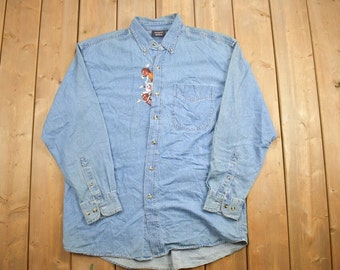 Vintage 1990s Hersheys Chocolate Button Up Shirt / 1990s Button Up / Vintage Flannel / Basic Button Up / Denim Shirt / Snacks