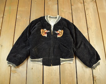 Vintage 80s Velvet Bomber Jacket Souvenir Jacket Detachable Hood
